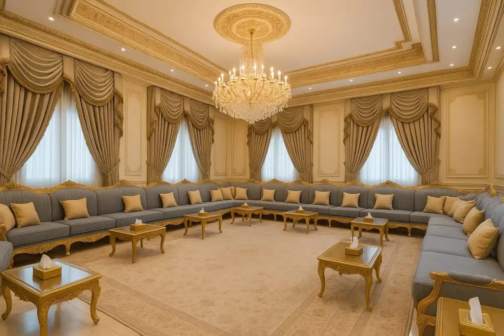 فريق شركة النجم الذهبي أثناء تنفيذ خدمة تنظيف مجالس في أبوظبي باستخدام أحدث التقنيات.