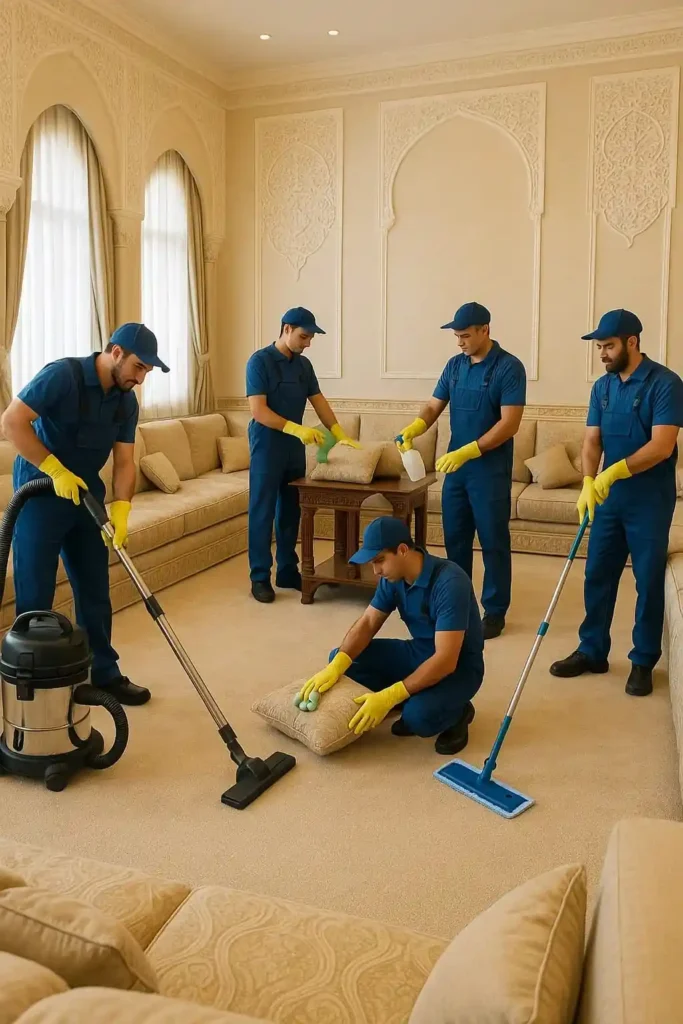 عملية غسيل وتفريغ الأتربة من مجلس فاخر على يد فريق النجم الذهبي.